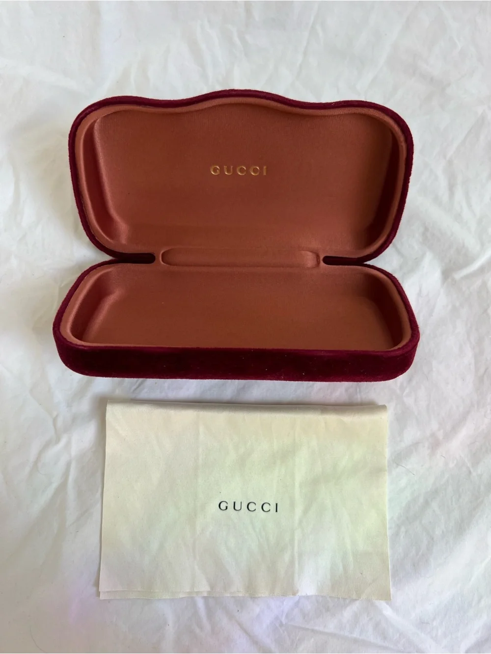 Gucci Burgundy Velvet Hard Sunglasses Eyeglasses Case + Cleaning Cloth